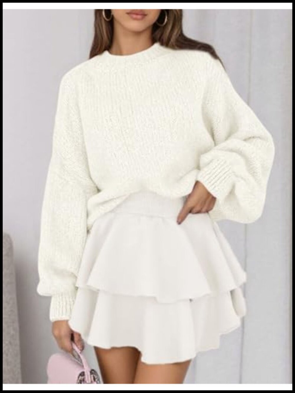 Chunky Knit Oversized Pullover Sweater Women Crewneck Lantern Sleeve - Picture 3 of 6